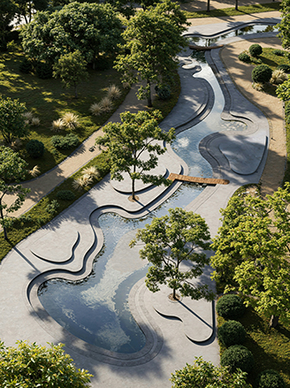 Aerial view of the landscaped gardens and their winding water feature