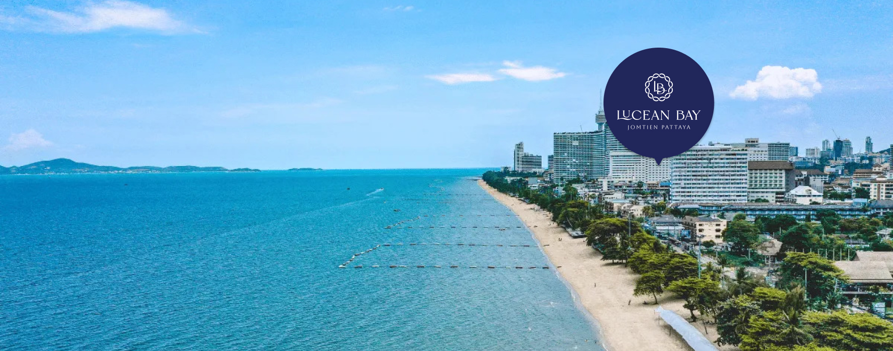 Aerial view of Jomtien beach with the Lucean Bay site marked