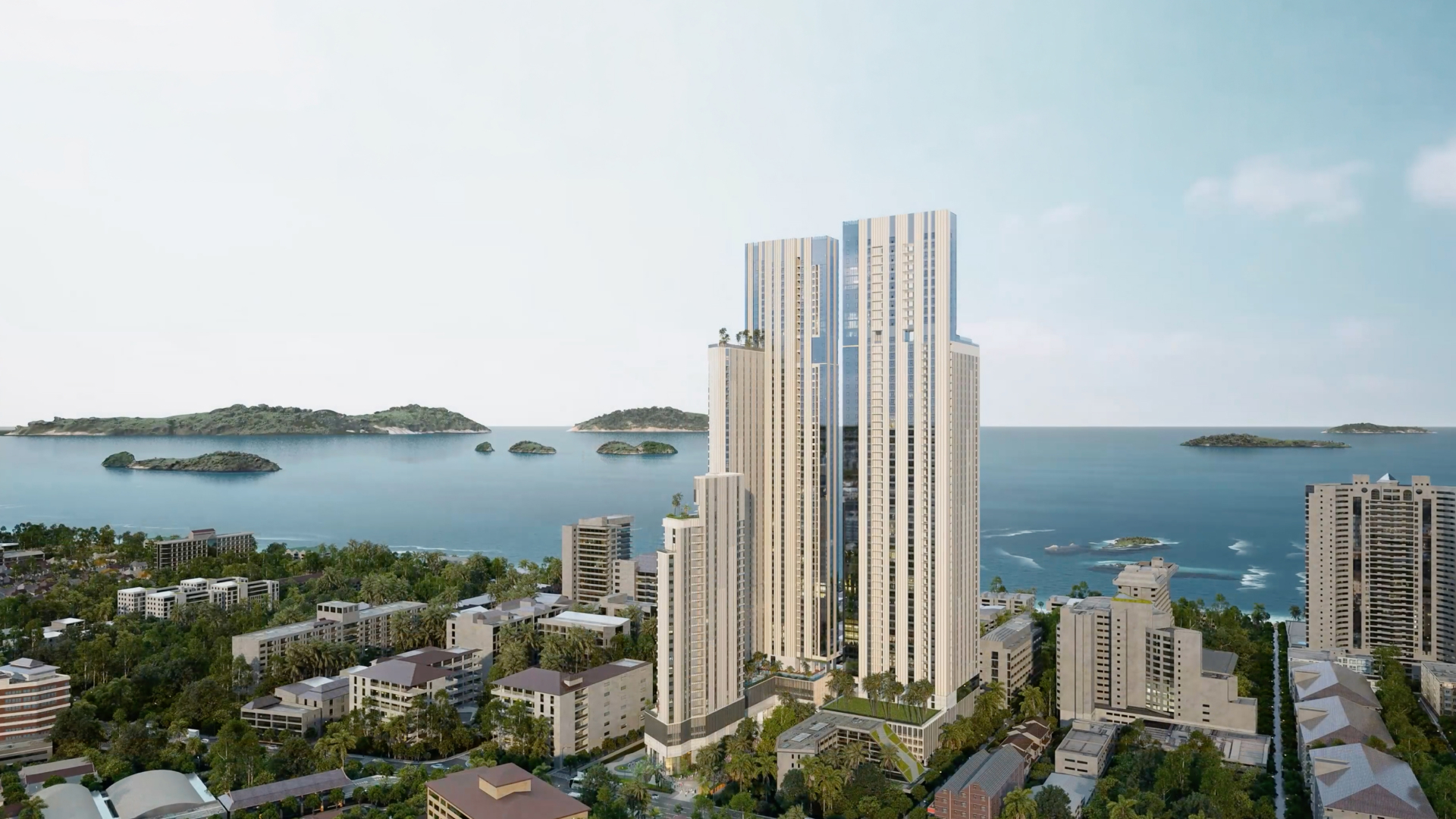 Aerial render of the Lucean Bay towers above Jomtien beach
