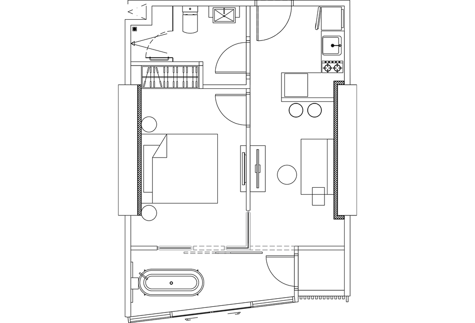 Floor plan drawing of a 1 BEDROOM unit, TYPE D-1M