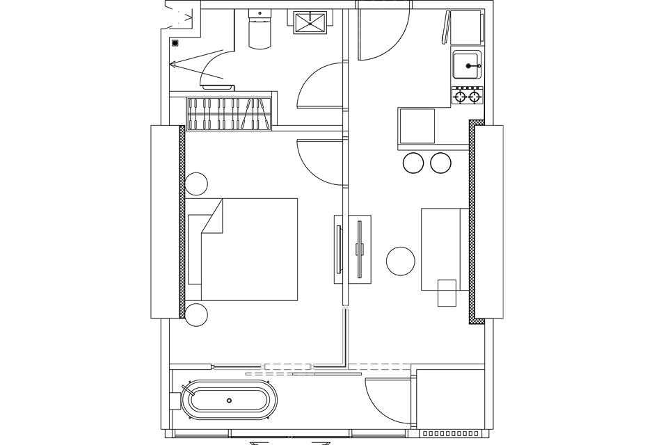 Floor plan drawing of a 1 BEDROOM unit, TYPE D-M