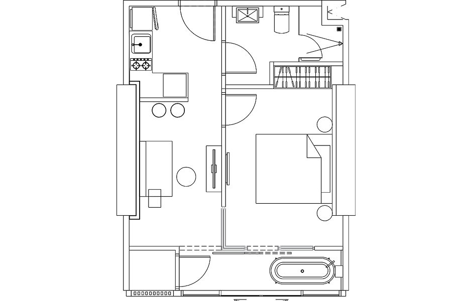 Floor plan drawing of a 1 BEDROOM unit, TYPE D