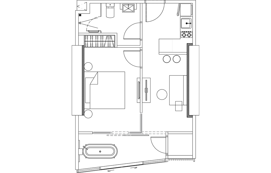 Floor plan drawing of a 1 BEDROOM unit, TYPE H-M